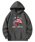Sexy And I Tow It Vintage Funny Camping RV Camper Truck Hoodie For Women in gray with USA flag and RV graphic