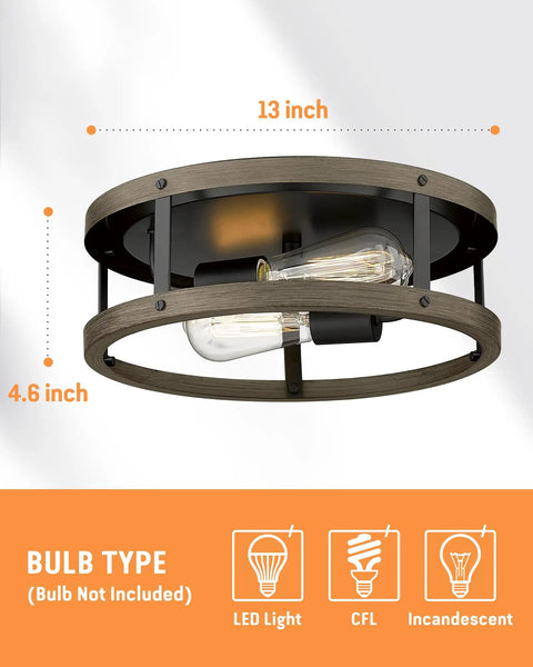 Farmhouse Flush Mount Ceiling Light 13 Inch Faux Wood And Metal 2 Light Fixture For Hallway Entryway Bedroom Kitchen Dining Room Retro Industrial Vibe Lamp With Warm Ambience