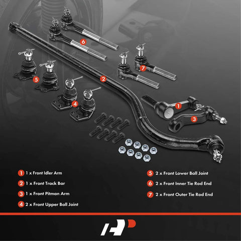 Front Suspension Kit With Inner Outer Tie Rod Ends And Track Bar For Dodge Ram 2500 2000 2002 And Ram 3500 2000 2002 RWD Left And Right Replacement Beefed Up For Heavy Duty Trucks, shown with idler arm, pitman arm, ball joints and hardware
