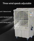 Portable Evaporative Air Cooler With Three Adjustable Speeds And Remote Control, showing adjustable wind speed settings.