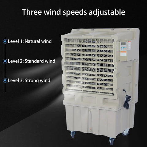 Portable Evaporative Air Cooler With Three Adjustable Speeds And Remote Control, showing adjustable wind speed settings.