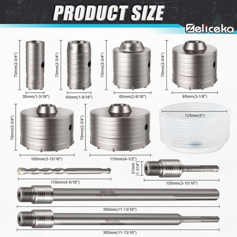 Zeliceka concrete hole saw kit with SDS Plus shank; six hole saws (30–115 mm), dust bowl, and long drill bits
