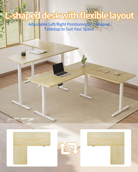 Game Changer L Shaped Standing Desk With Electric Height Adjustment, 63 By 55 Inch Reversible Corner Workspace, Natural Finish adjustable layout