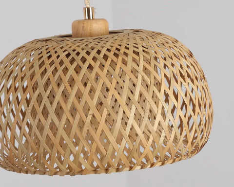 Totally Fresh Handmade Woven Bamboo Pendant Light Fixture Adjustable Boho Basket lamp with round bamboo shade.