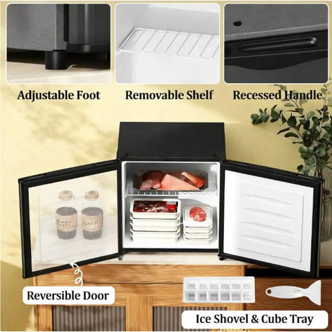 Compact Upright Freezer Silver 1.1 Cu Ft Countertop Mini Freezer with removable shelf, adjustable foot, and reversible door opened.