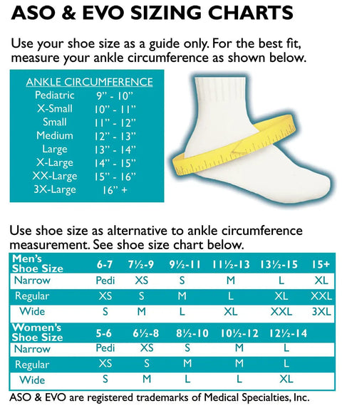 Sizing chart for EVO Ankle Stabilizer Brace with figure eight ballistic nylon straps showing ankle circumference and shoe sizes.