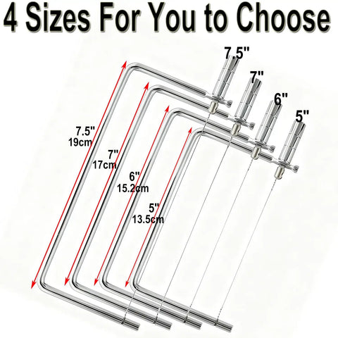 Slick 5 Inch Marble Cheese Slicer Kit With Safety Wires Stainless Steel Handle Totally Foolproof Design For Zero Mess Slicing And Killer Party Charcuterie Boards showing 4 sizes of stainless steel wires.