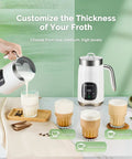 Barista Vibe DualFro 400 Milk Frother And Steamer With Variable Temperature And Froth Thickness, 14.1 Oz 400 Ml shown with drinks