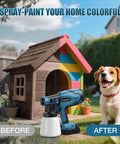 Heavy Duty Brushless Cordless Paint Sprayer With Straight Up Reliable Turbo Spray For Swift Home Refreshes shown with colorful doghouse and dog.