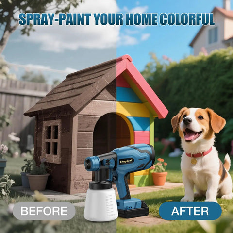 Heavy Duty Brushless Cordless Paint Sprayer With Straight Up Reliable Turbo Spray For Swift Home Refreshes shown with colorful doghouse and dog.