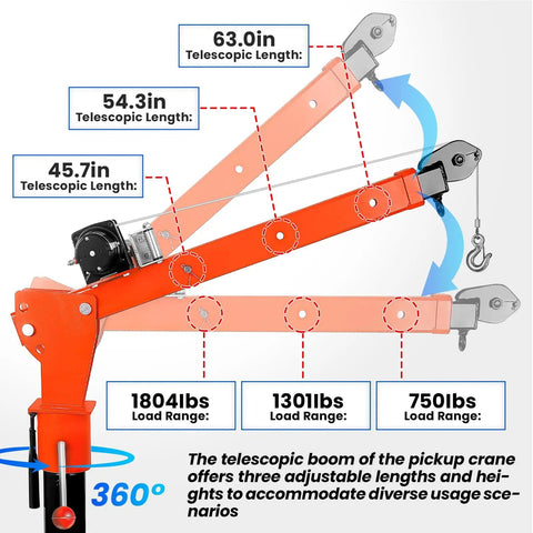 Beefy Electric Pickup Truck Crane With 1800 Lbs Lift Folding Truck Bed Crane And 2500 Lbs 12V Winch 3-Stage Telescoping Jib 360 Degree Swivel