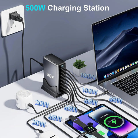 GaN 3 USB C Fast Charger Block With Multi Port USB Charging Station 100W PD PPS Dual Ports Plus Four 65W PD PPS And Two 20W QC Fast Chargers For MacBook iPhone iPad And More connected to multiple devices