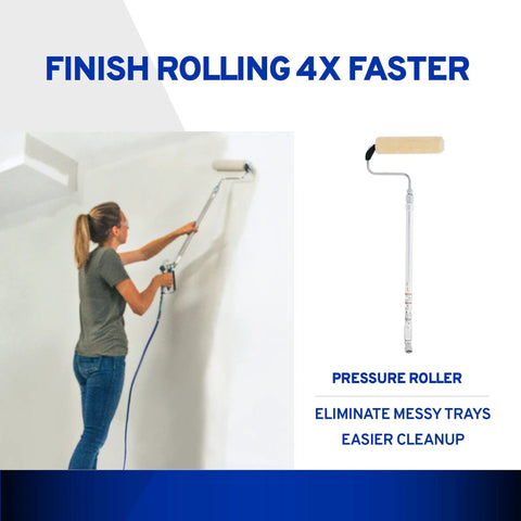User painting with Pressure Roller Kit For Airless Spray Guns No Tool Attachment With EvenFlow Drip Free Paint Delivery