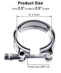 4 Piece V Band Clamp Kit For 2.5 Inch Flanges, Stainless Steel T Bolt Clamps showing pipe compatibility and thread size M8x1.25
