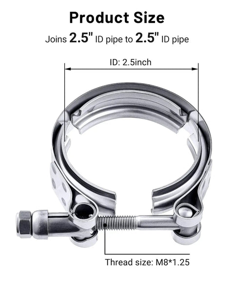 4 Piece V Band Clamp Kit For 2.5 Inch Flanges, Stainless Steel T Bolt Clamps showing pipe compatibility and thread size M8x1.25
