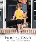 Child entering door with Magnetic Rubber Door Kick Plate With UV Printed Faux Satin Black Finish For Exterior Steel Doors, Easy Magnetic Mount, Durable Scrape And Impact Protection, Elegant Yet Tough Door Accent For Home Front Entrance 6x30 visible