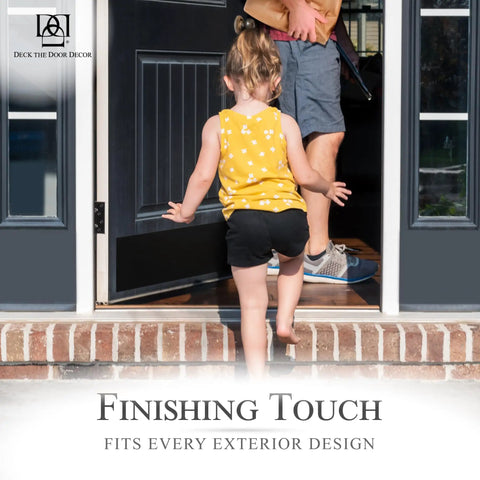 Child entering door with Magnetic Rubber Door Kick Plate With UV Printed Faux Satin Black Finish For Exterior Steel Doors, Easy Magnetic Mount, Durable Scrape And Impact Protection, Elegant Yet Tough Door Accent For Home Front Entrance 6x30 visible