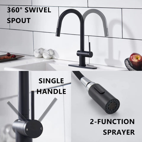 Matte Black Kitchen Faucet With Pull Down Sprayer, Modern Stainless Steel One-Handle Sink Faucet, 360° swivel spout, detailed view
