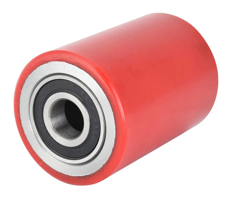 Beefed Up Heavy Duty Pallet Jack Wheels Set With Axles And Entry Exit Rollers Four Poly Tread Red Wheels 2.75 Inch By 3.75 Inch ID 20mm Bearings Non Marring Industrial Replacement For Trucks