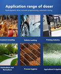 Application range of doser: livestock breeding, vehicle washing, printing industry, horticulture, process hygiene, agriculture