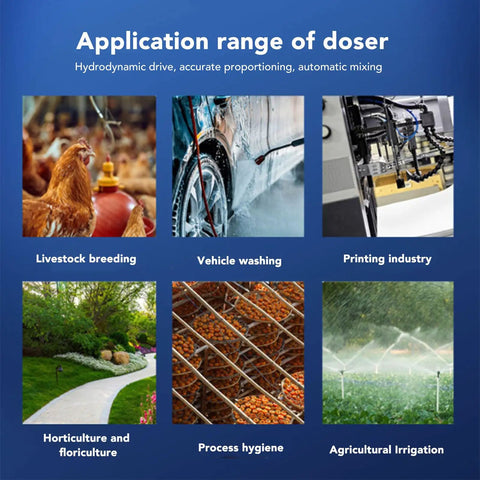 Application range of doser: livestock breeding, vehicle washing, printing industry, horticulture, process hygiene, agriculture