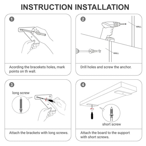 Installation instructions for Heavy Duty Hidden Floating Shelf Brackets, 4 Inch Black Metal L Brackets with step-by-step guide.