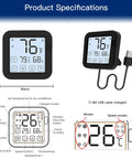 WiFi Smart Air Conditioner Controller with LCD Touch Screen, 80mm size, black, USB cable, specifications shown