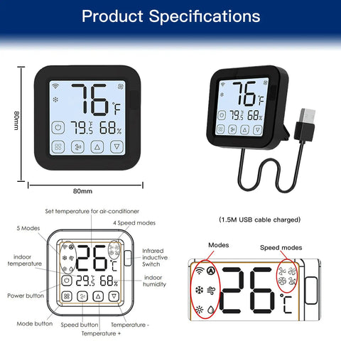 WiFi Smart Air Conditioner Controller with LCD Touch Screen, 80mm size, black, USB cable, specifications shown