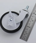 3 Inch Swivel Caster with M8x15mm Threaded Stem, Quiet PP Wheels, white, beside a ruler for scale, 4 Pack for Home Workshop.