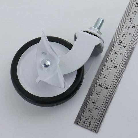 3 Inch Swivel Caster with M8x15mm Threaded Stem, Quiet PP Wheels, white, beside a ruler for scale, 4 Pack for Home Workshop.
