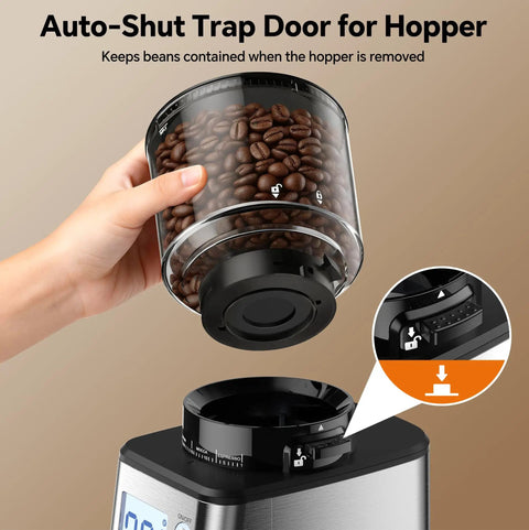 Hardcore Conical Burr Coffee Grinder With 51 Precise Settings, automatic bean crusher, auto-shut trap door for hopper.