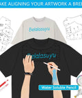 Hands using 12 Pack T Shirt Ruler Guides for Vinyl Alignment and Centering Designs on black shirt with ruler guides shown above.