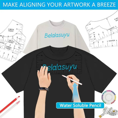 Hands using 12 Pack T Shirt Ruler Guides for Vinyl Alignment and Centering Designs on black shirt with ruler guides shown above.