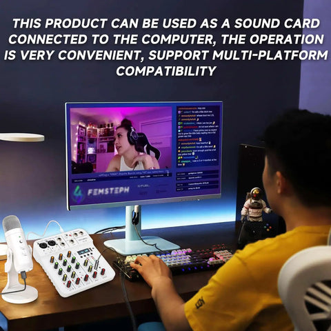 Person using 4 Channel Mini Audio Mixer With USB Bluetooth And 48V Phantom Power Reverb Dope Compact Soundboard For PC DJ Podcasting