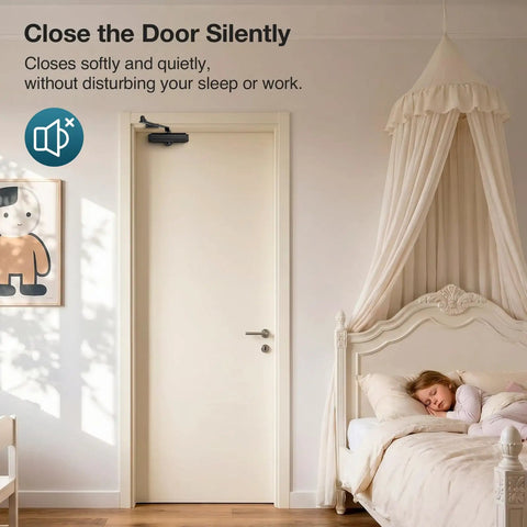Automatic Door Closer For Home And Light Commercial Use on a bedroom door with a sleeping child in the room.