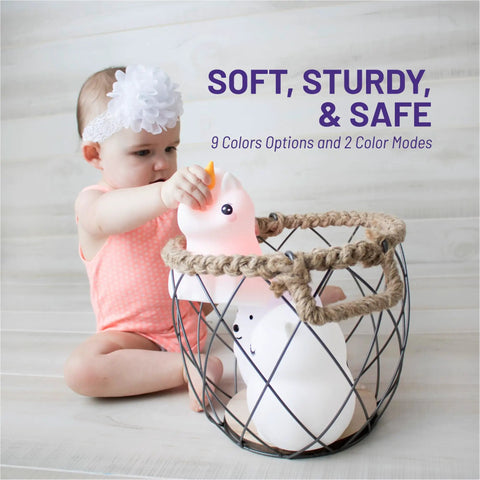 Baby playing with Animal Night Light for Kids with Rechargeable Silicone and ABS Nursery Glow in 8 calming colors, kawaii bunny shape.