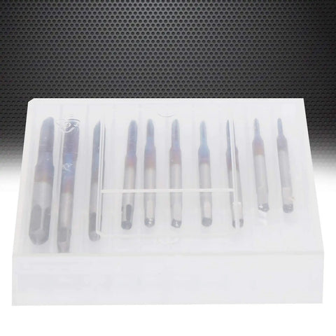 Heavy Duty Tungsten Steel Thread Tap Set Built Like Iron For Absolute No Sweat Threading On Wood Plastic And Aluminum Pro Grade Everyday Carry Workhorse Tool Kit, neatly arranged in a clear storage case.