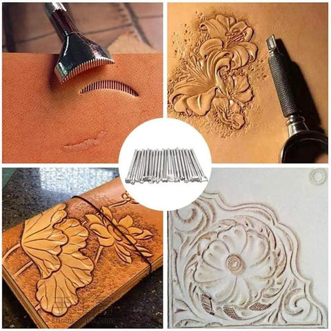 Leather Craft Tools Kit With 20 Leather Stamping Tools, Leather Hammer, Swivel Knife, example engravings and carvings on leather