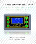 Front view of Dual Mode PWM Pulse Driver with LCD, showing frequency and duty cycle settings for Plug-and-Play PWM Pulse Generator For Motor Speed Control With LCD Readout, 1Hz To 150KHz Frequency Range, Swappable PWM Or Pulse Mode, Adjustable Driver Module, 3.3V To 30V Supply, DIY Friendly, High Power Signal Generator.