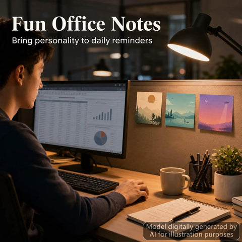 Person working at a desk with Cryptid And Space Sticky Notes Set Of 12 Three By Three Inch Self Stick Memo Pads With Four Each Bigfoot Nessie UFO Designs