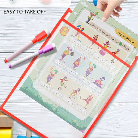 Colorful Dry Erase Pockets Set 6 Pack with worksheet, 10x13 inch reusable plastic sleeves for classroom use, easy to take off