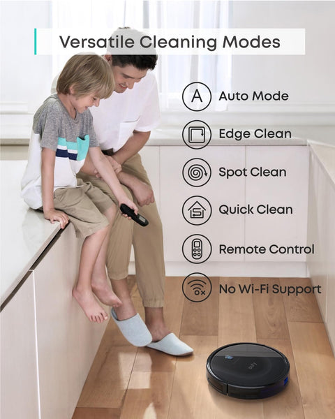 Man and child in living room with Certified Refurbished BoostIQ RoboVac 11S MAX Robot Vacuum Cleaner on hardwood floor