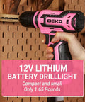 Pink Cordless Drill Set for Women 12V Electric Drill Driver Kit with 1.5Ah Li Ion Battery Portable Tool Box DIY Home Improvement Must Have Case Included Handy Power Tools for Household Repairs being used on a pegboard.