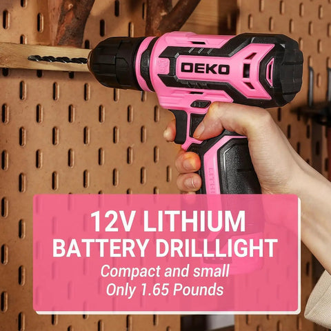 Pink Cordless Drill Set for Women 12V Electric Drill Driver Kit with 1.5Ah Li Ion Battery Portable Tool Box DIY Home Improvement Must Have Case Included Handy Power Tools for Household Repairs being used on a pegboard.