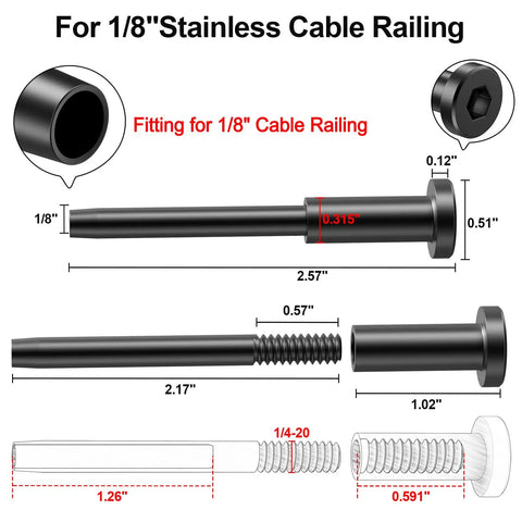 Diagram of 50 Pack One Eighth Inch Black Stainless Steel Invisible Receiver And Swage Stud End with measurements for railing.