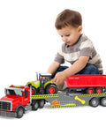 Child playing with Farm Semi Trailer Truck Toy With Large Flatbed Carrier, Hauls Animal Trailer And Tractor, Real Lights And Sounds