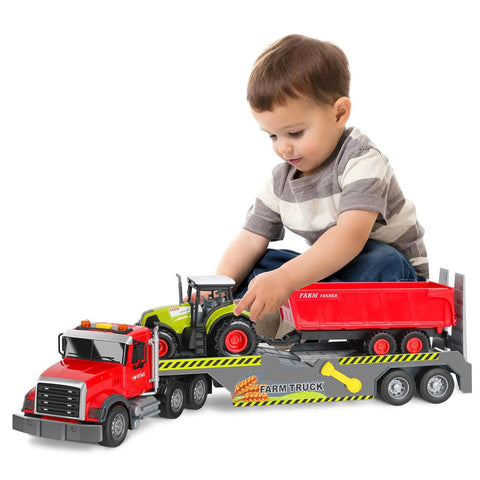 Child playing with Farm Semi Trailer Truck Toy With Large Flatbed Carrier, Hauls Animal Trailer And Tractor, Real Lights And Sounds