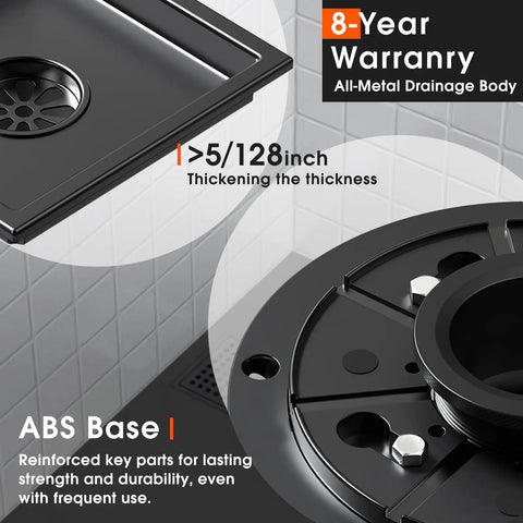 6 Inch Matte Black Square Shower Drain With Removable Flange Quadrato Grid Pattern In 304 Stainless Steel close-up