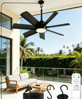 Outdoor Gazebo Ceiling Fan With Lights And Remote, 28 Inch LED 3CCT, installed on a patio with remote and accessories shown