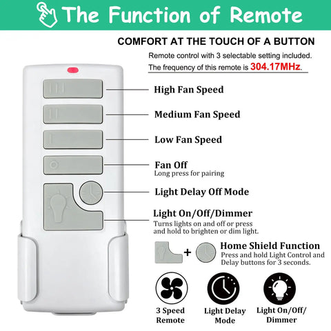 Ceiling Fan Remote Control and Receiver Kit Replacement for Harbor Breeze Hunter Hampton Bay 3 Speed with controls visible